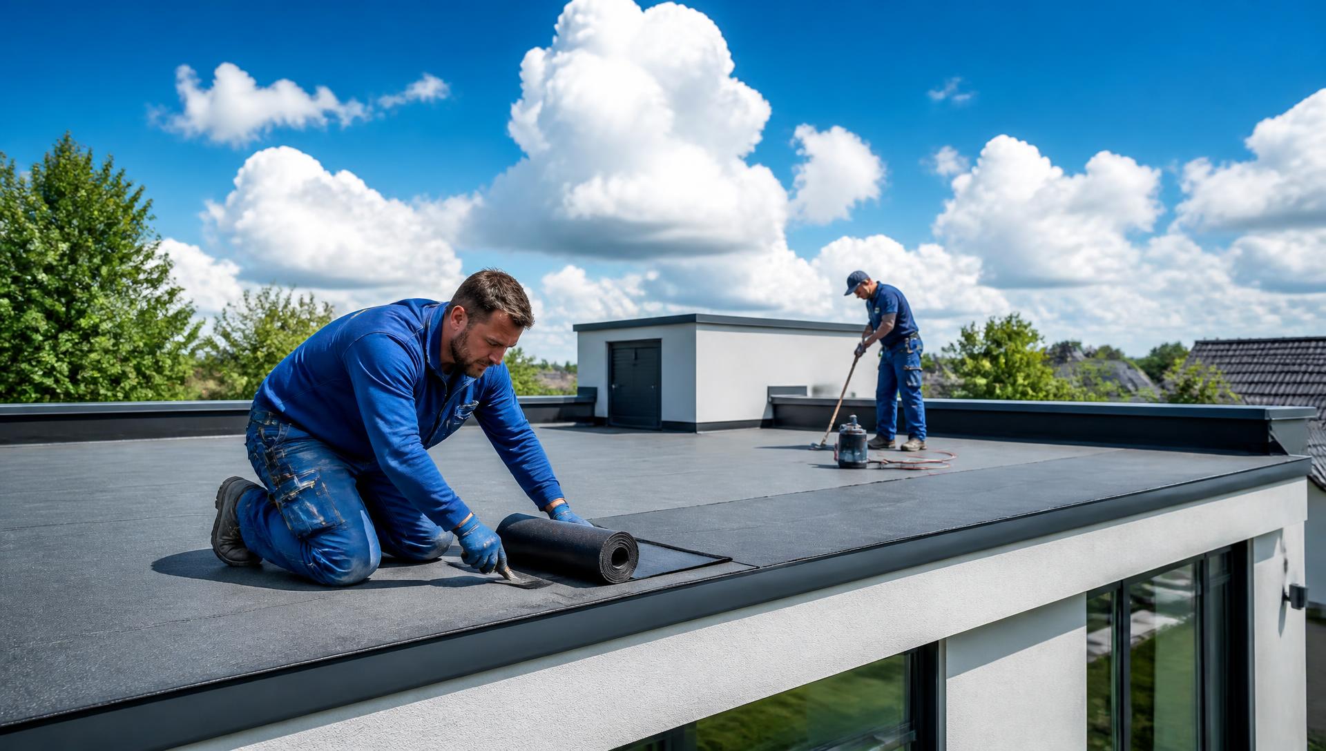 Dakwerkers van UNIROOF plaatsen een plat dak onder een blauwe lucht met witte wolken